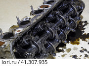 The head of the block of cylinders. The head of the block of cylinders removed from the engine for repair. Parts in engine oil. Car engine repair in the service. Стоковое фото, фотограф Леонид Еремейчук / Фотобанк Лори