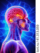Neural connection, human brain. Health concept. Стоковое AI-изображение, AI-художник Юрий Поздников / Фотобанк Лори
