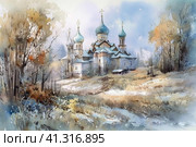 Beautiful village landscape with church at the beginning of winter, watercolor style, Generative AI. Стоковое AI-изображение, AI-художник Анна Кривицкая / Фотобанк Лори