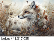White fox among the grass in autumn, watercolor style, Generative AI. Стоковое AI-изображение, AI-художник Анна Кривицкая / Фотобанк Лори