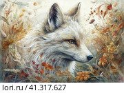 White fox among the grass in autumn, watercolor style, Generative AI. Стоковое AI-изображение, AI-художник Анна Кривицкая / Фотобанк Лори