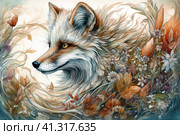 White fox among the grass in autumn, watercolor style, Generative AI. Стоковое AI-изображение, AI-художник Анна Кривицкая / Фотобанк Лори