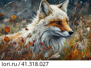 White fox among the grass in autumn, watercolor style, Generative AI. Стоковое AI-изображение, AI-художник Анна Кривицкая / Фотобанк Лори