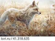 White fox among the grass in autumn, watercolor style, Generative AI. Стоковое AI-изображение, AI-художник Анна Кривицкая / Фотобанк Лори