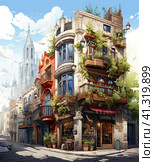 Spanish country design model. Barcelona historical view, flat cartoon style illustration. Travel and exhibition in Europe, European vacation collection. Стоковое AI-изображение, AI-художник Ирина Михайличенко / Фотобанк Лори