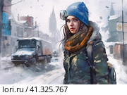 Post-apocalyptic girl in the middle of a city covered with  snow and ice around post-nuclear winter, watercolor style, Generative AI. Стоковое AI-изображение, AI-художник Анна Кривицкая / Фотобанк Лори