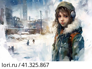 Post-apocalyptic girl in the middle of a city covered with  snow and ice around post-nuclear winter, watercolor style, Generative AI. Стоковое AI-изображение, AI-художник Анна Кривицкая / Фотобанк Лори