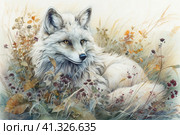 White fox among the grass in autumn, watercolor style, Generative AI. Стоковое AI-изображение, AI-художник Анна Кривицкая / Фотобанк Лори