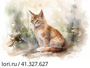 Somali Cat in the forest  watercolor style, Generative AI. Стоковое AI-изображение, AI-художник Анна Кривицкая / Фотобанк Лори