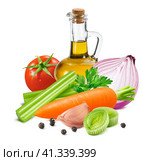 Bottle of olive oil, tomato, purple onion, celery, leek, carrot, herbs, garlic cloves and black pepper isolated on white background. Стоковое фото, фотограф Катерина Ковалева / Фотобанк Лори