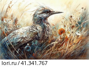Bird in a field among autumn grass, watercolor style, Generative AI. Стоковое AI-изображение, AI-художник Анна Кривицкая / Фотобанк Лори
