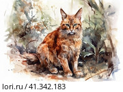 Somali Cat in the forest  watercolor style, Generative AI. Стоковое AI-изображение, AI-художник Анна Кривицкая / Фотобанк Лори