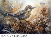 Bird in a field among autumn grass, watercolor style, Generative AI. Стоковое AI-изображение, AI-художник Анна Кривицкая / Фотобанк Лори