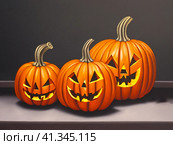 Decorative ornamental orange pumpkins. A jack-o'-lantern or jack o'lantern. Halloween or Hallowe'en, Allhalloween, All Hallows' Eve, or All Saints' Eve. Bright vegetable background - still life. Стоковое AI-изображение, AI-художник Юлия Петровская / Фотобанк Лори