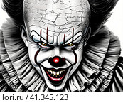 It is a shape-shifting monster, Pennywise the Clown. Appeared in the Universe. Terrible laughing grimace and evil eyes. Pennywise the Dancing Clown. Eats children and their fears. Sociopathy disease. Стоковое AI-изображение, AI-художник Юлия Петровская / Фотобанк Лори