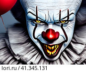 It is a shape-shifting monster, Pennywise the Clown. Appeared in the Universe. Terrible laughing grimace and evil eyes. Pennywise the Dancing Clown. Eats children and their fears. Sociopathy disease. Стоковое AI-изображение, AI-художник Юлия Петровская / Фотобанк Лори