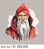 An old gray-haired sorcerer in a red cloak. Watercolor. Стоковое AI-изображение, AI-художник Сергей Елизарьев / Фотобанк Лори