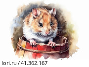 Hamster in a wooden barrel watercolor, illustration, watercolor style, Generative AI. Стоковое AI-изображение, AI-художник Анна Кривицкая / Фотобанк Лори