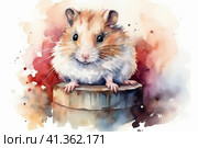 Hamster in a wooden barrel watercolor, illustration, watercolor style, Generative AI. Стоковое AI-изображение, AI-художник Анна Кривицкая / Фотобанк Лори
