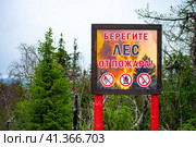 Аншлаг "Берегите лес от пожара" на фоне леса. Стоковое фото, фотограф Анна Аникова / Фотобанк Лори