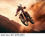 Motorcyclist jumping with a motorcycle in the mud. Стоковое AI-изображение, AI-художник Кирилл Черезов / Фотобанк Лори