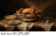 Seafood, crabs on a plate. Стоковое AI-изображение, AI-художник Кирилл Черезов / Фотобанк Лори