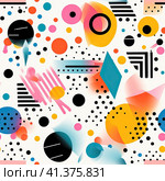 Abstract background of figures in the form of flowers, bubbles, stars and waves in a fashionable retro cartoon style of the 90s. Generated by AI. Стоковое AI-изображение, AI-художник Ярославский Максим / Фотобанк Лори