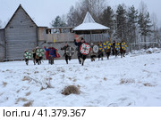 The festival is a historical reconstruction of the Viking Age in winter. Vikings attack with shields and helmets (2014 год). Редакционное фото, фотограф Анна Кривицкая / Фотобанк Лори
