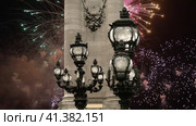 Celebratory colorful fireworks over the Lamp posts on Alexander III Bridge ( 4K, time lapse, with zoom). Paris, France. This arch bridge is one of the most beautiful river crossings in the world (2023 год). Стоковое видео, видеограф Владимир Журавлев / Фотобанк Лори