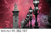 Celebratory colorful fireworks over the Lamp posts on Alexander III Bridge ( 4K, time lapse, with zoom). Paris, France. This arch bridge is one of the most beautiful river crossings in the world (2023 год). Стоковое видео, видеограф Владимир Журавлев / Фотобанк Лори