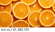 Sliced orange slices. Fruit background. Generated by AI. Стоковое AI-изображение, AI-художник Ярославский Максим / Фотобанк Лори