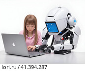 Робот помогает девочке с домашним заданием. Robot Assisting in the Office AI generated. Стоковое AI-изображение, AI-художник Алексей Траст / Фотобанк Лори
