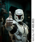 The white robot holds his hand in front of the camera. Close up. Generated by AI. Стоковое AI-изображение, AI-художник Ярославский Максим / Фотобанк Лори