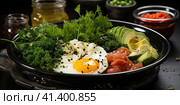 Breakfast with fried eggs and fried bacon. Healthy breakfast. Generated by AI. Стоковое AI-изображение, AI-художник Ярославский Максим / Фотобанк Лори