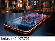 Futuristic smartphone of the future with augmented reality, microchips, microprocessors, integrated circuits, technology science background, AI Generated. Стоковое AI-изображение, AI-художник Станислав Тарко / Фотобанк Лори
