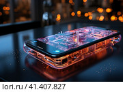Futuristic smartphone of the future with augmented reality, microchips, microprocessors, integrated circuits, technology science background, AI Generated. Стоковое AI-изображение, AI-художник Станислав Тарко / Фотобанк Лори