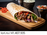 Shawarma with chicken and garlic sauce on wooden board. Closeup. Стоковое AI-изображение, AI-художник Ирина Ручушкина / Фотобанк Лори