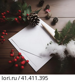 Christmas background made of white paper with a place for your text. Flat layout, top view, generated by AI. Стоковое AI-изображение, AI-художник Мария Шадрина / Фотобанк Лори