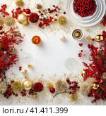 Christmas background with white red and gold color balls on white background Space for text, generated by AI. Стоковое AI-изображение, AI-художник Мария Шадрина / Фотобанк Лори