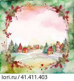 Postcard cottage town, watercolor painting, space for text, generated by AI. Стоковое AI-изображение, AI-художник Мария Шадрина / Фотобанк Лори