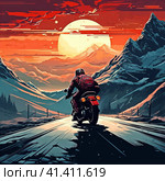A motorcyclist rushes along a deserted night highway among the mountains. Стоковое AI-изображение, AI-художник Сергей Елизарьев / Фотобанк Лори