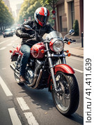 Motorcyclist on the city streets. Стоковое AI-изображение, AI-художник Сергей Елизарьев / Фотобанк Лори