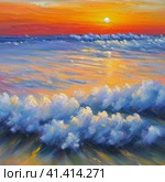 Beautiful sunset sky above clouds with dramatic light. Yellow, orange, red clouds above the horizon. Beautiful evening sky landscape. Sunset over the sea. Generated by artificial intelligence. Стоковое AI-изображение, AI-художник Юлия Петровская / Фотобанк Лори