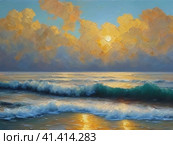 Beautiful sunset sky above clouds with dramatic light. Yellow, orange, red clouds above the horizon. Beautiful evening sky landscape. Sunset over the sea. Generated by artificial intelligence. Стоковое AI-изображение, AI-художник Юлия Петровская / Фотобанк Лори