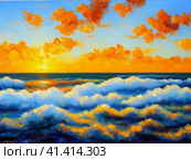 Beautiful sunset sky above clouds with dramatic light. Yellow, orange, red clouds above the horizon. Beautiful evening sky landscape. Sunset over the sea. Generated by artificial intelligence. Стоковое AI-изображение, AI-художник Юлия Петровская / Фотобанк Лори