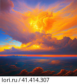 Beautiful sunset sky above clouds with dramatic light. Yellow, orange, red clouds above the horizon. Beautiful evening sky landscape. Sunset over the sea. Generated by artificial intelligence. Стоковое AI-изображение, AI-художник Юлия Петровская / Фотобанк Лори