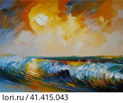 Beautiful sunset sky above clouds with dramatic light. Yellow, orange, red clouds above the horizon. Beautiful evening sky landscape. Sunset over the sea. Generated by artificial intelligence. Стоковое AI-изображение, AI-художник Юлия Петровская / Фотобанк Лори