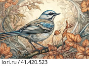 Wagtail on a light background in the forest, illustration, watercolor style, Generative AI. Стоковое AI-изображение, AI-художник Анна Кривицкая / Фотобанк Лори