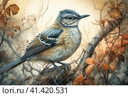 Wagtail on a light background in the forest, illustration, watercolor style, Generative AI. Стоковое AI-изображение, AI-художник Анна Кривицкая / Фотобанк Лори