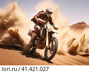 Motorcyclist jumping with a motorcycle in the mud. Стоковое AI-изображение, AI-художник Кирилл Черезов / Фотобанк Лори